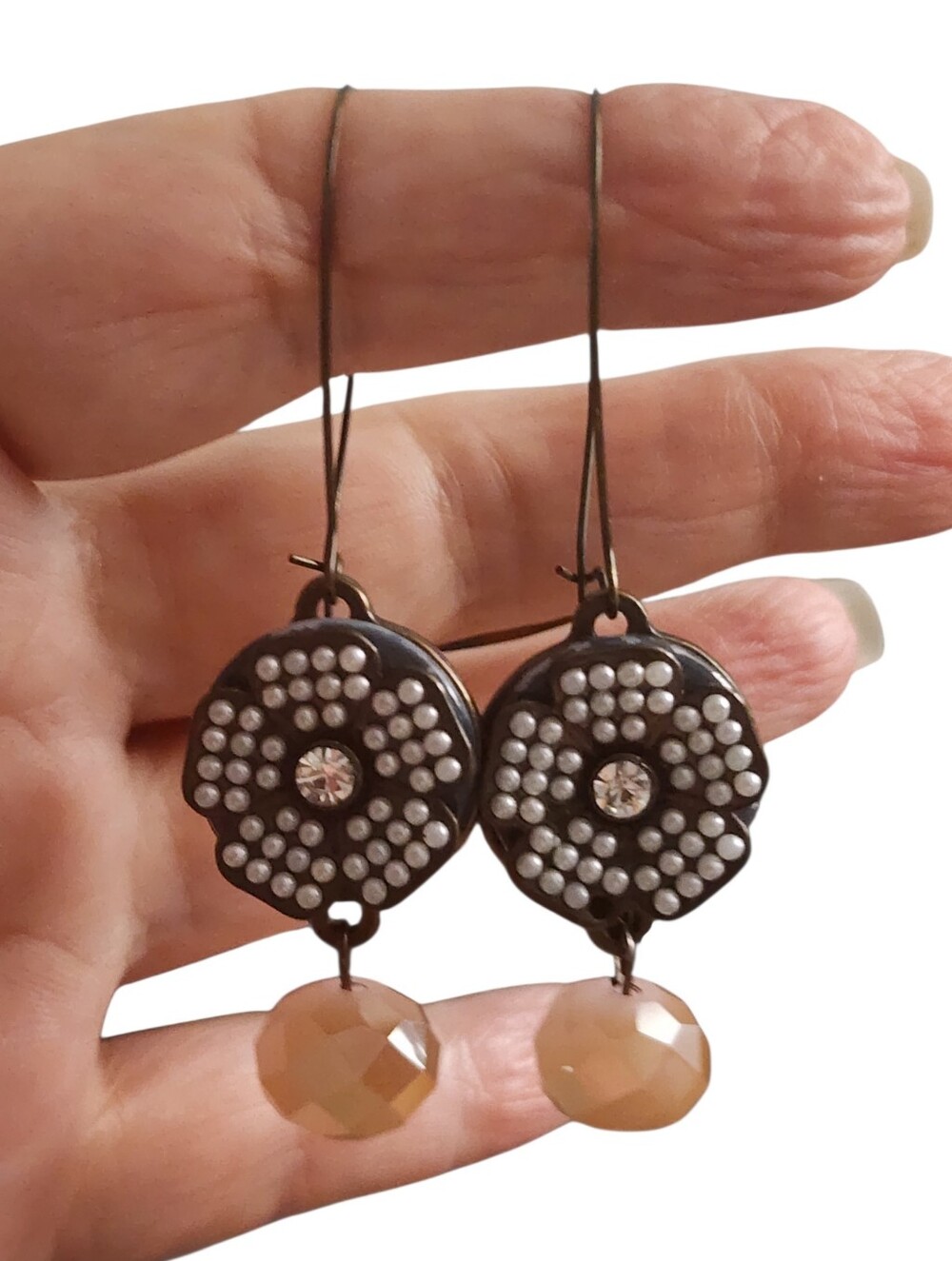 Gunmetal Floral Drop Earrings Champagne Accent Beads